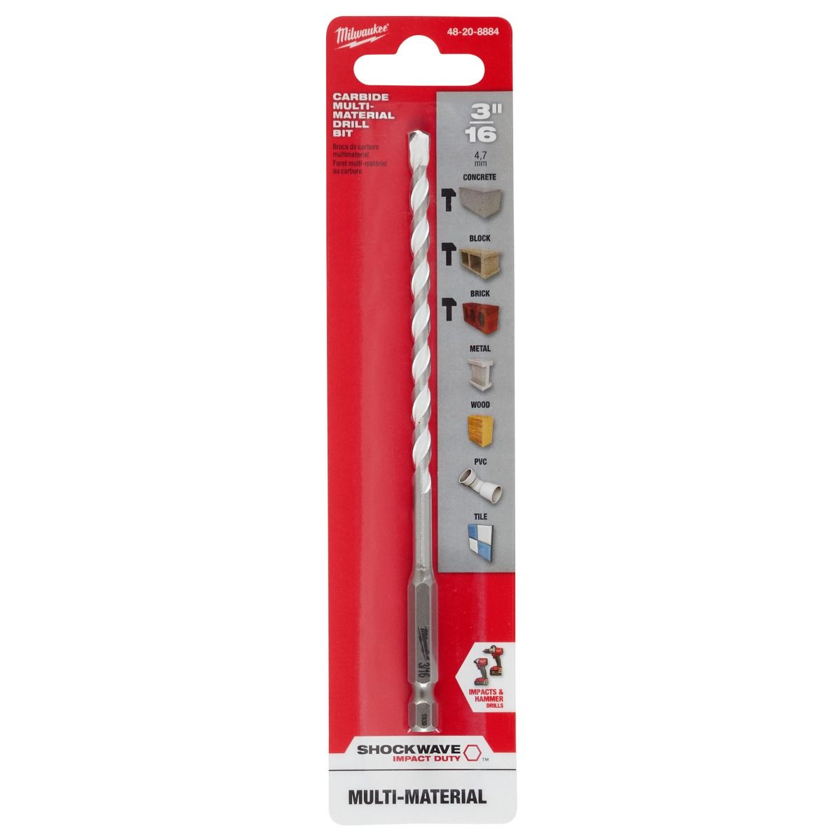 Broca de carburo Multi Material 3/16" X 6” 48-20-8884 Milwaukee 2