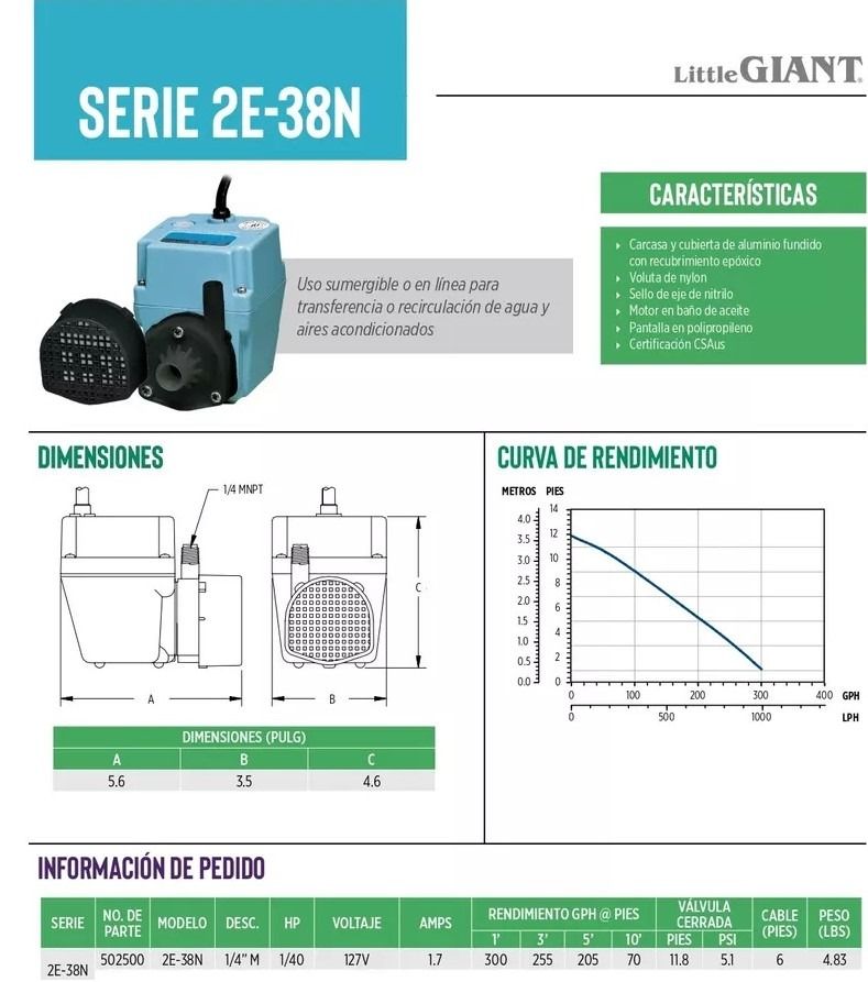 Bomba Para Fuentes Sumergible 3.6 Mts 2E-38N Little Giant 5