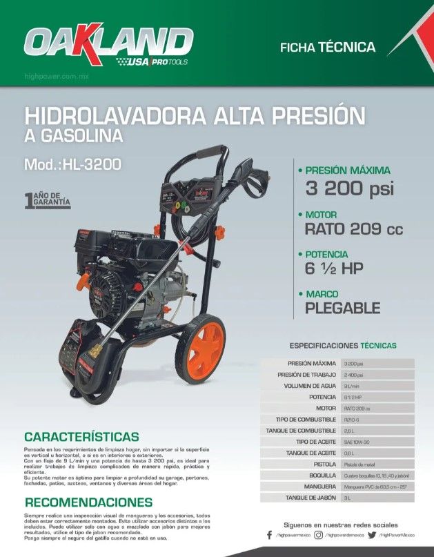 Hidrolavadora A Gasolina De Alta Presión Oakhl-3200 Oakland 3