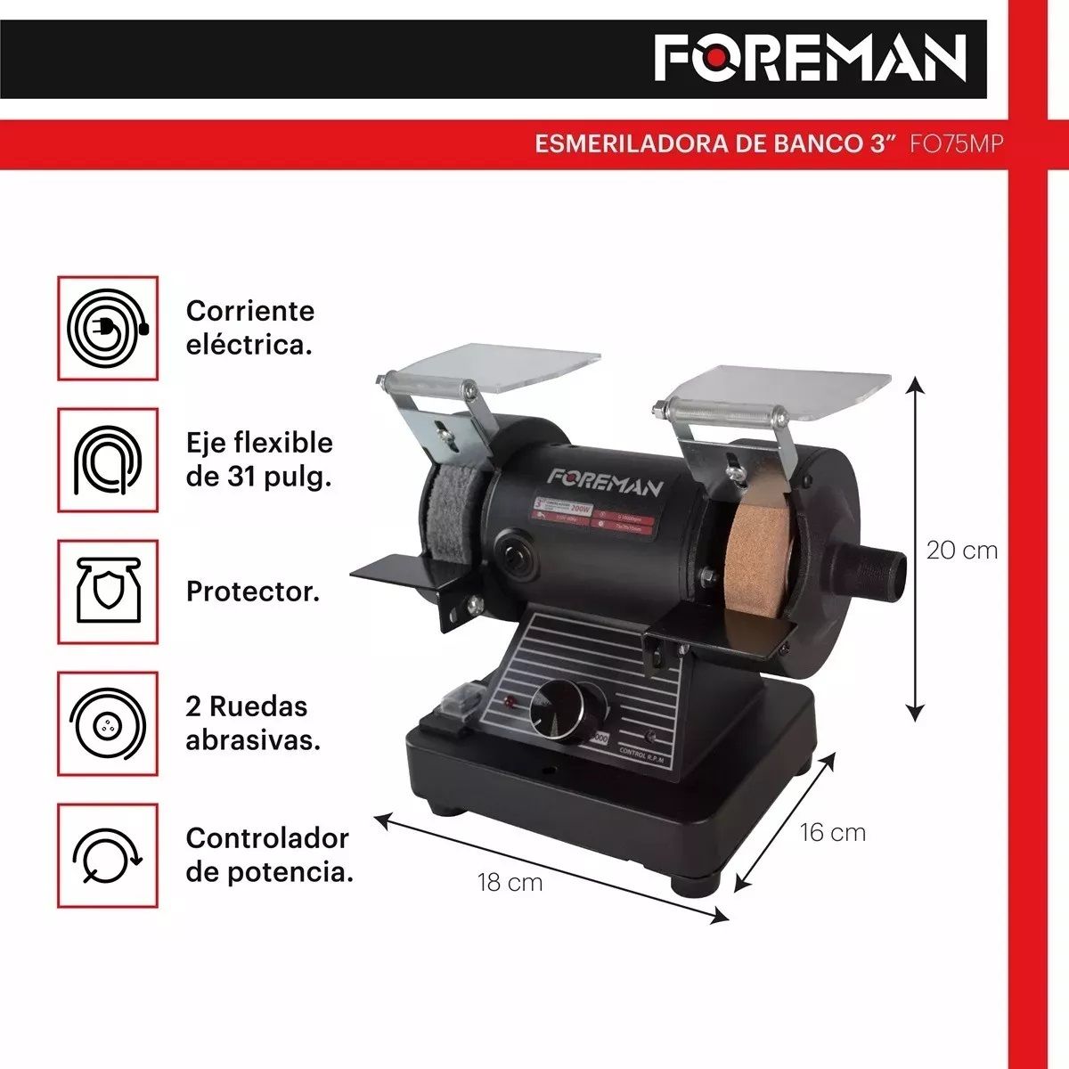 Esmeril de Banco 3” con Chicote FO75MP Foreman 4