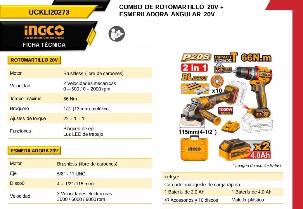 Combo Rotomartillo + Miniesmeriladora 4 1/2” 20V UCKLI20273 Ingco 2