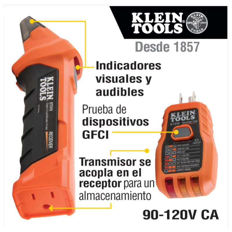 Detector digital de cortacircuitos con probador de tomacorrientes GFCI ET310 Klein Tools 8