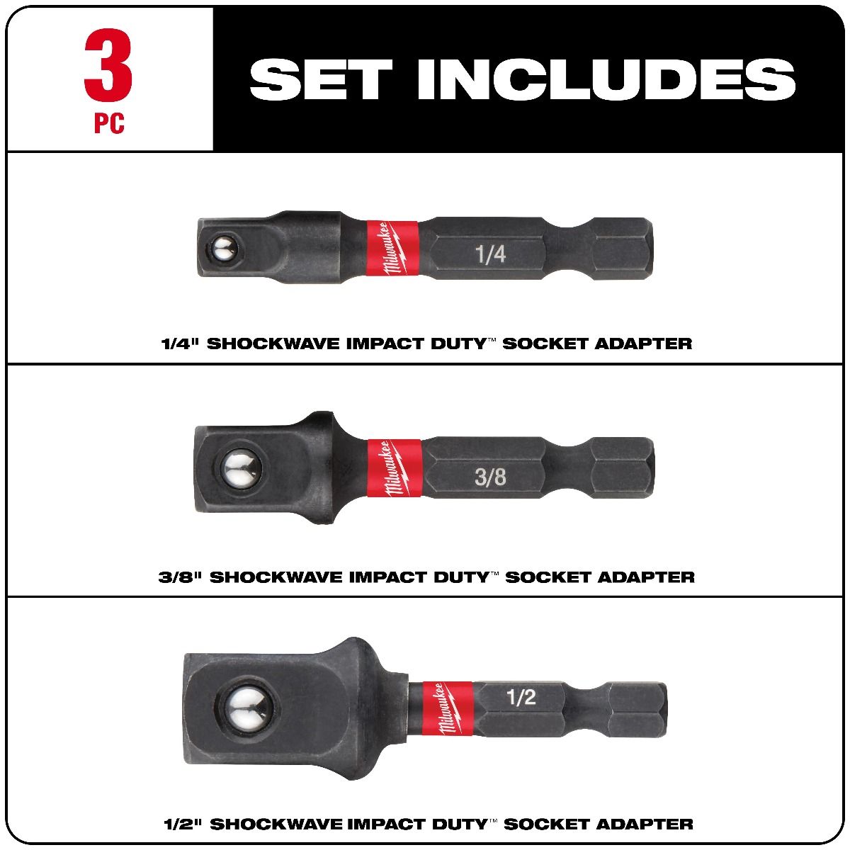 Juego de adaptadores de cubos con vástago hexagonal SHOCKWAVE™ 3 pzs 48-32-5033 Milwaukee 3