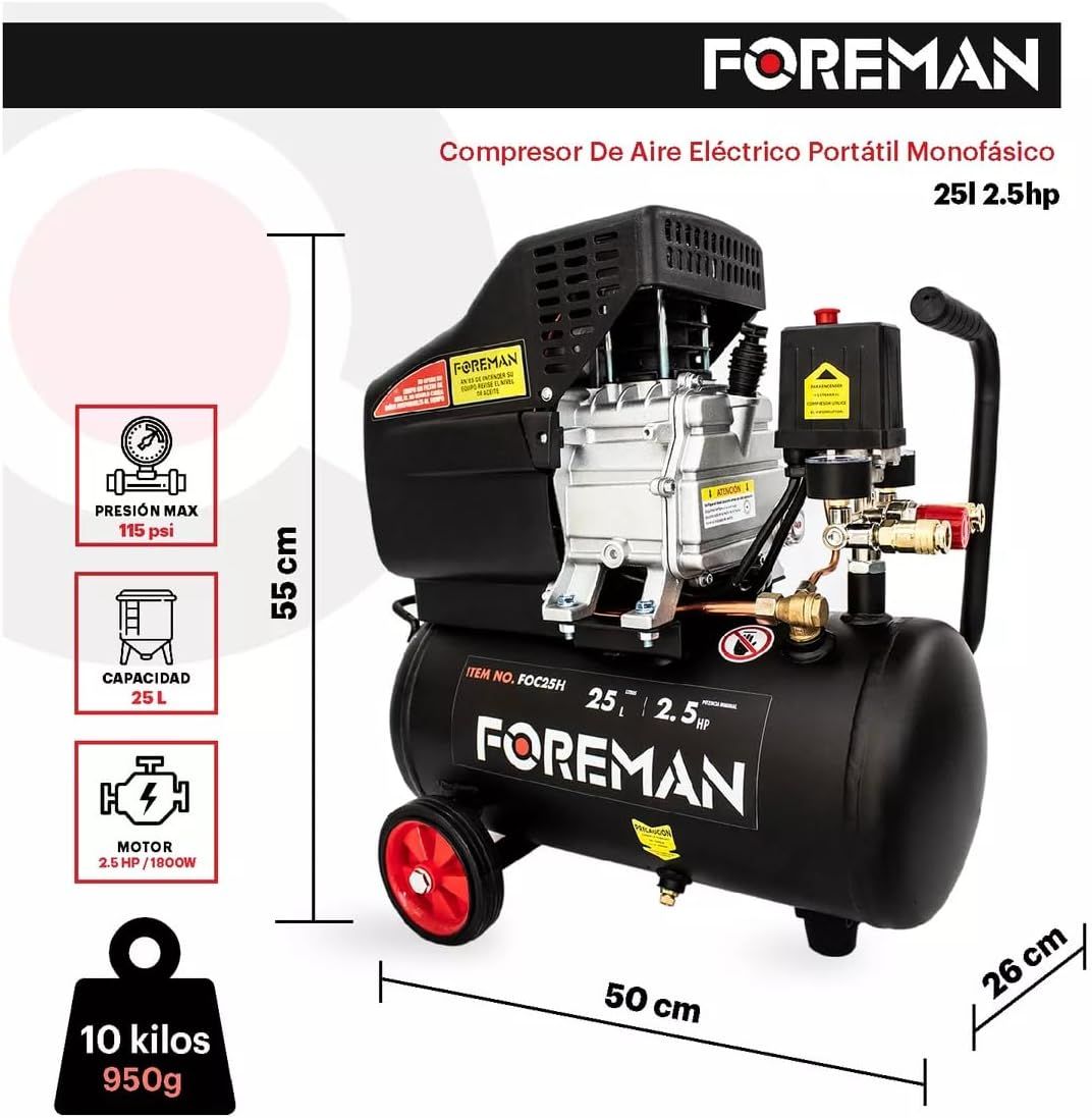 Compresora 2.5 HP 25 Lt FOC25H con Pistola y Manguera Foreman 9