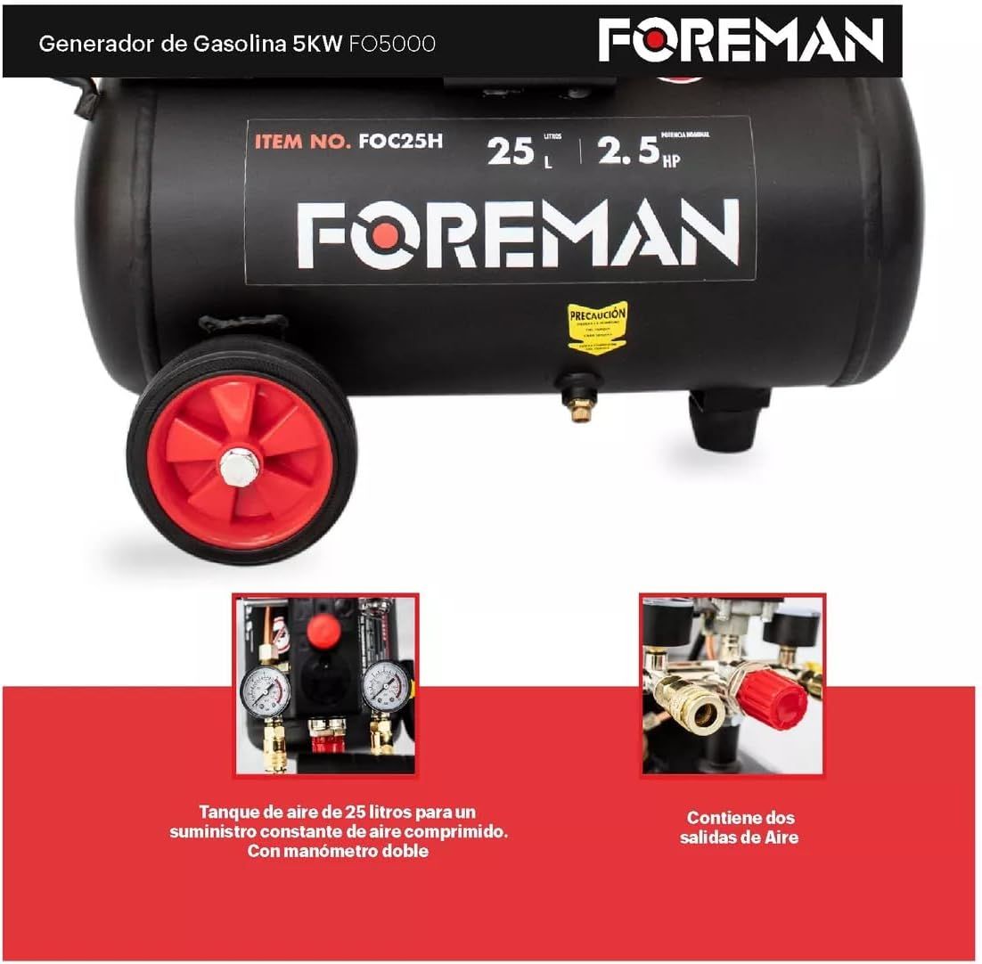 Compresora 2.5 HP 25 Lt FOC25H con Pistola y Manguera Foreman 7