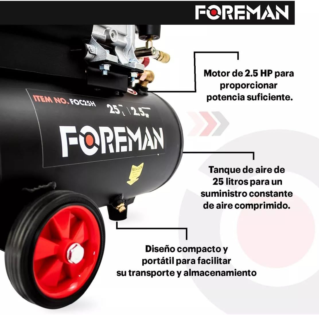 Compresora 2.5 HP 25 Lt FOC25H con Pistola y Manguera Foreman 6