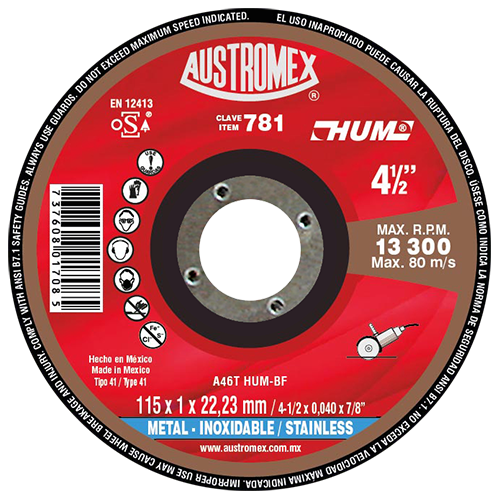 Disco para corte de acero inoxidable 4-1/2 Pulg 781 Austromex