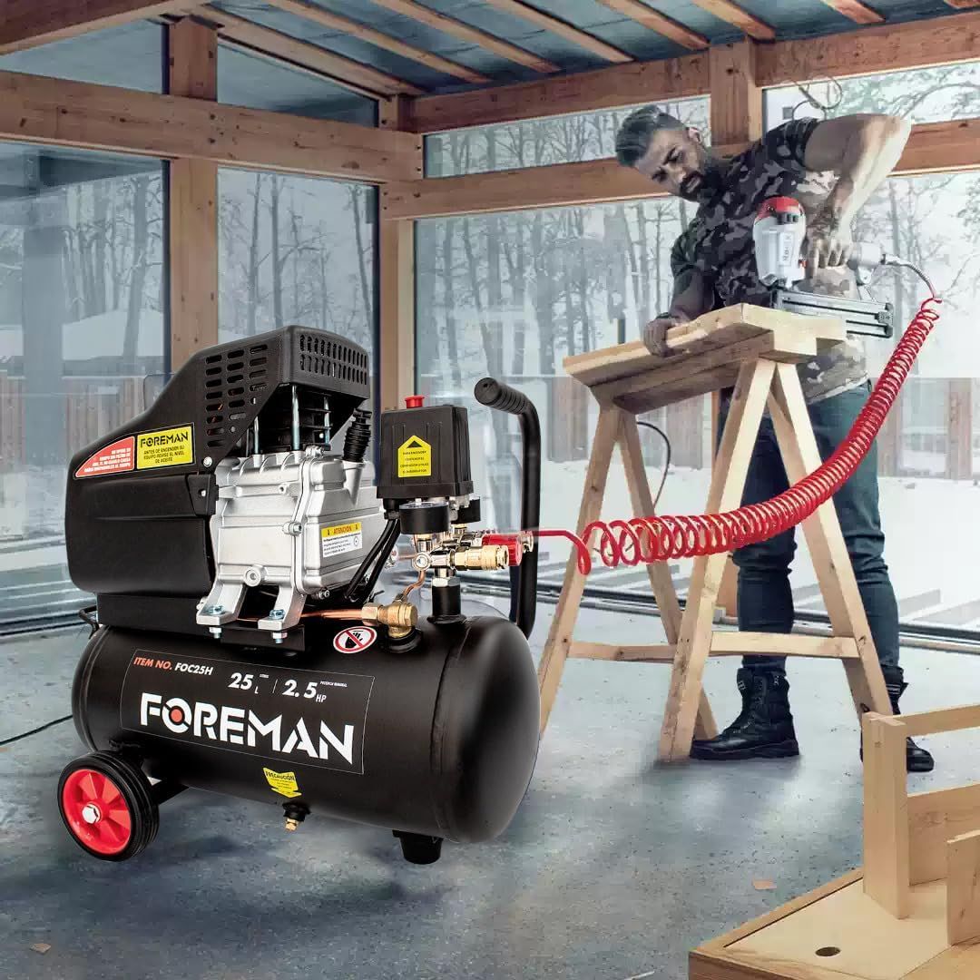 Compresora 2.5 HP 25 Lt FOC25H con Pistola y Manguera Foreman 5