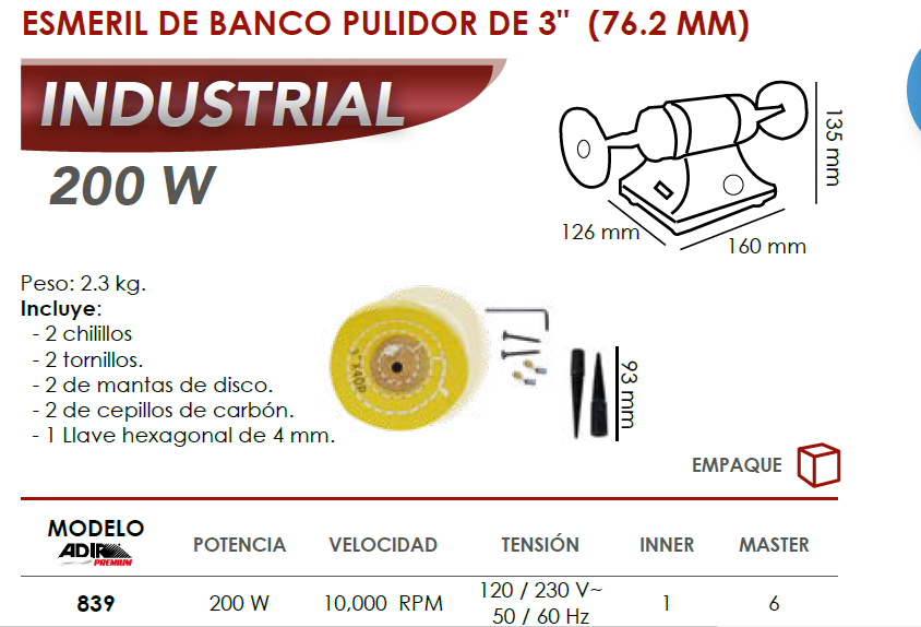 Esmeril de banco pulidor de 3" (76.2 mm) 839 Adir 6