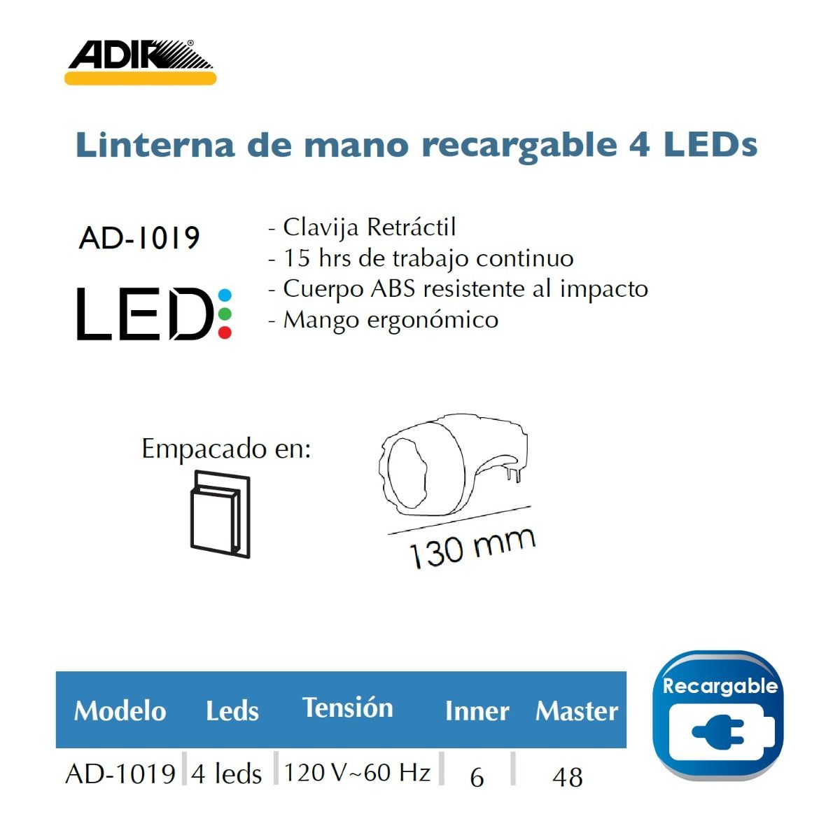 Lampara portátil recargable 4 leds AD-1019 Adir 2