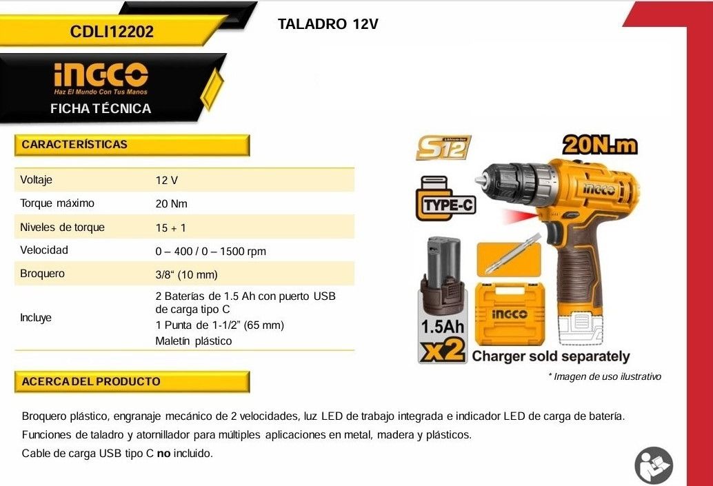 Taladro Atornillador 12V 3/8” CDLI12202 Ingco 7