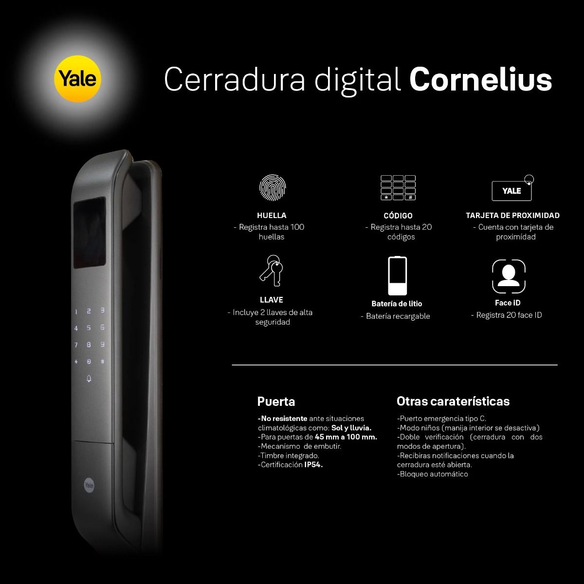 Cerradura Digital Facial 3D Cornelius MX83424 Yale 5