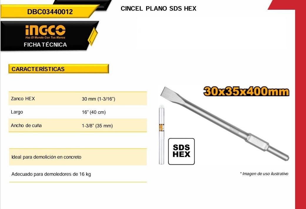 Cincel Hexagonal Plano 30 X 40 X 400mm DBC03440012 Ingco 2