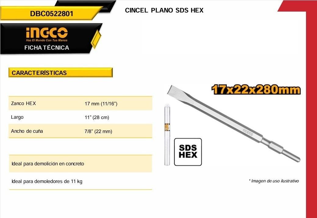 Cincel Hexagonal 17x280x22mm SDS Plano DBC0522801 Ingco 2