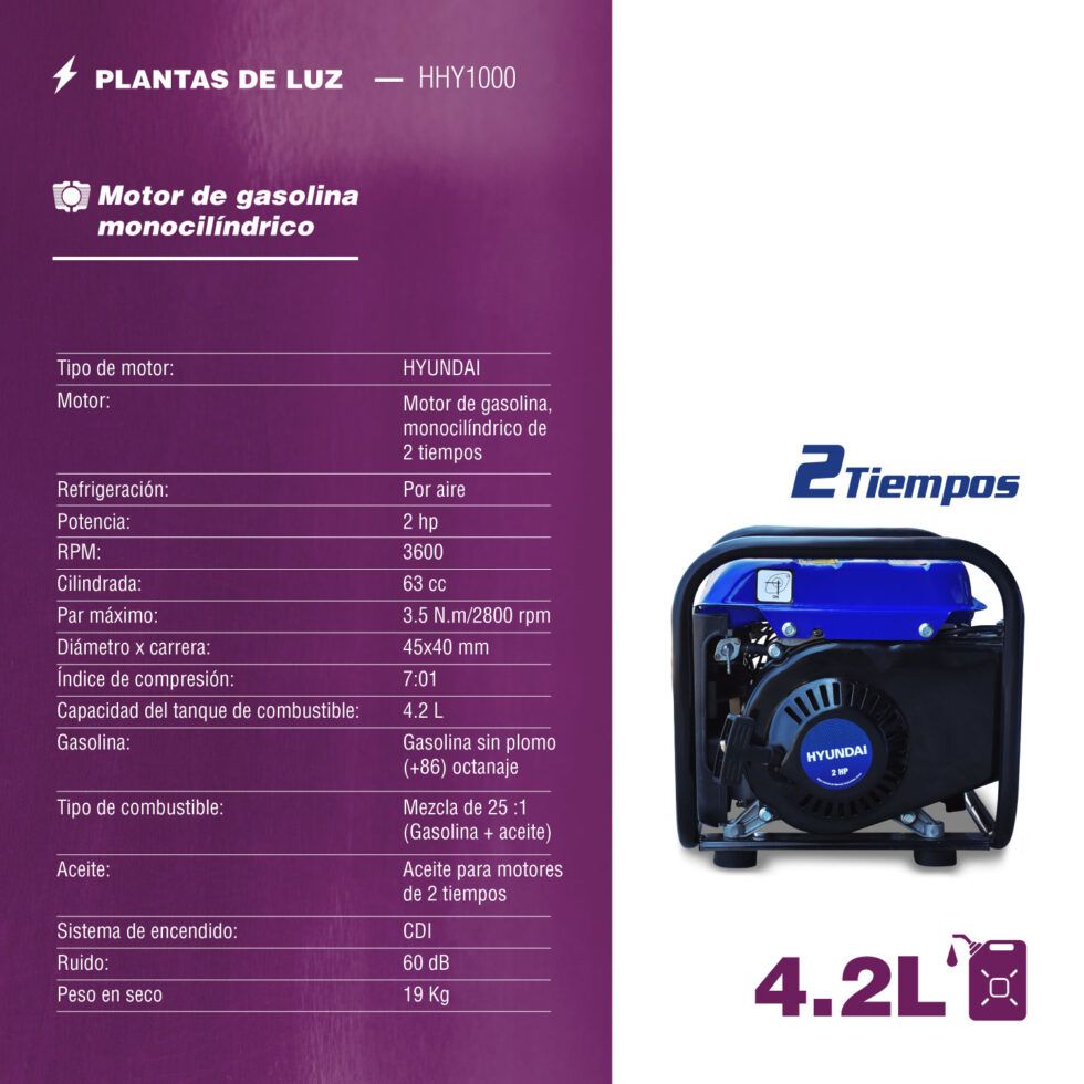 Generador a Gasolina HHY1000 Hyundai 6