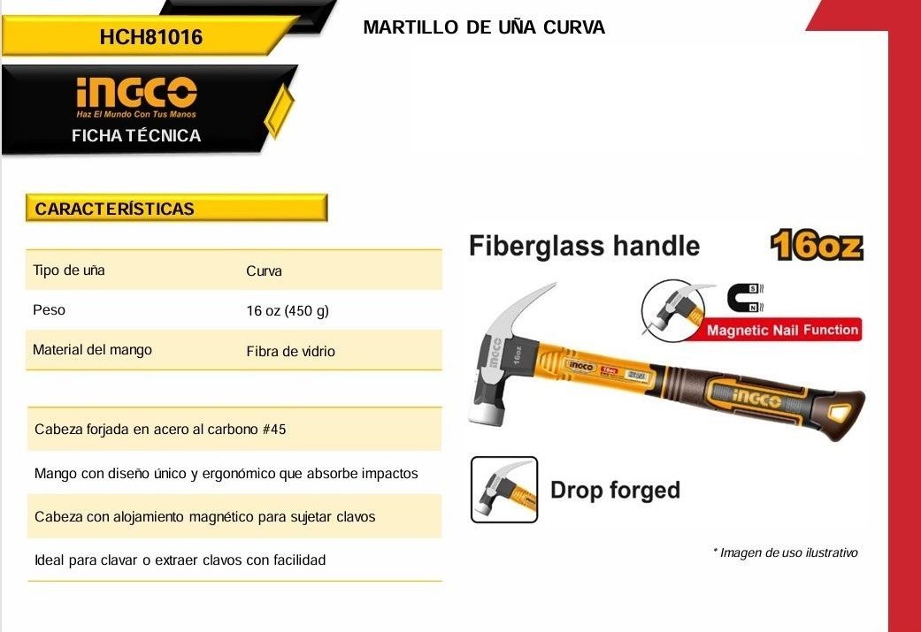 Martillo de Uña 16oz HCH81016 Ingco 2