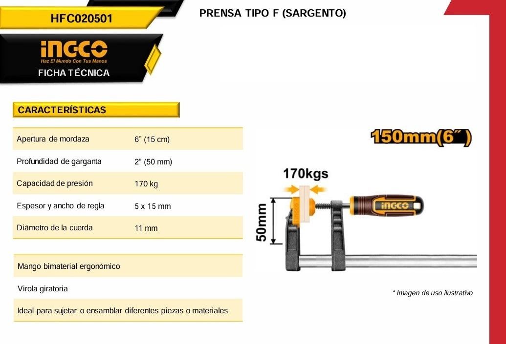 Sargento Para Madera 6” HFC020501 Ingco 2