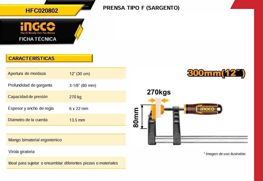 Sargento Para Madera 12” HFC020802 Ingco 2