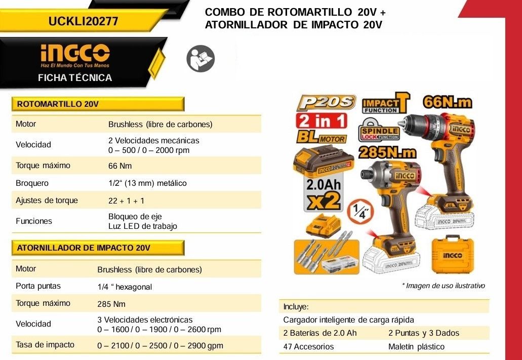 Combo Rotomartillo + Atornillador 20V UCKLI20277 Ingco 2