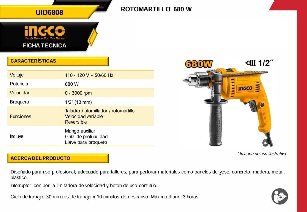 Taladro de Impacto 1/2" 680W UID6808 Ingco 3