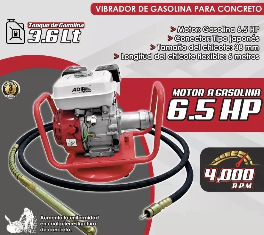 Vibrador De Concreto a Gasolina 6.5hp chicote de 6m 9197 Adir 2